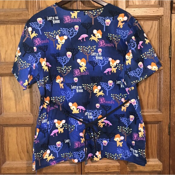 Disney Bambi Lost in the Woods Scrubs Womens L Multicolor Back Tie Wrap 2 Pocket - Picture 5 of 9